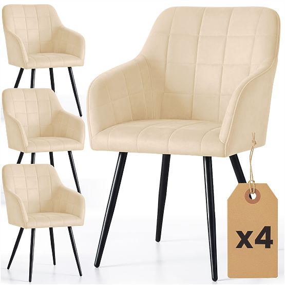 4x Upholstered Chair with Square Quilting Beige LUXANO Black Legs