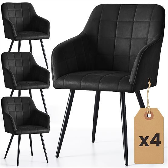4x Upholstered Chair with Square Quilting Black LUXANO Black Legs