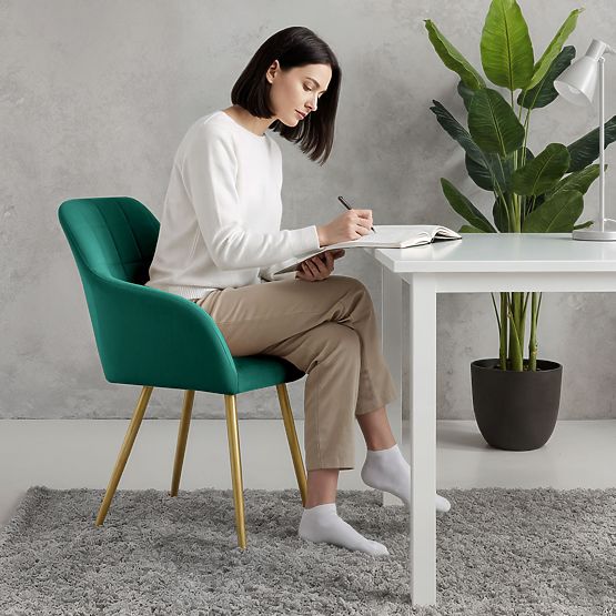 4x Upholstered Chair with Square Quilting Bottle Green LUXANO Gold Legs