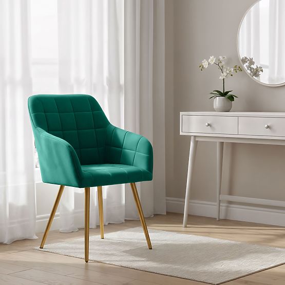 4x Upholstered Chair with Square Quilting Bottle Green LUXANO Gold Legs