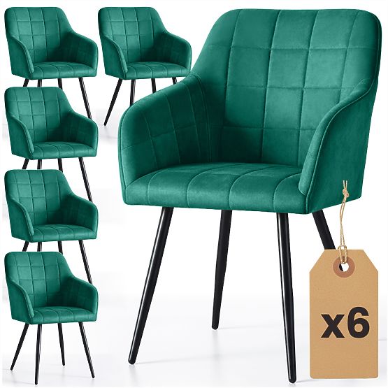 6x Upholstered Chair with Square Stitching Bottle Green LUXANO Black Legs