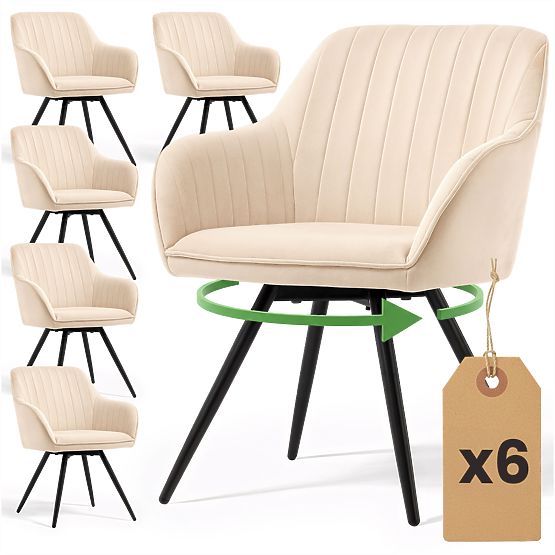 6x Velvet Swivel Chair with Stitching Beige TURNO Black Legs