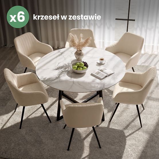 6x Velvet Swivel Chair with Stitching Beige TURNO Black Legs