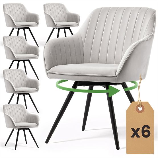 6x Velvet Swivel Chair with Stitching Gray TURNO Black Legs