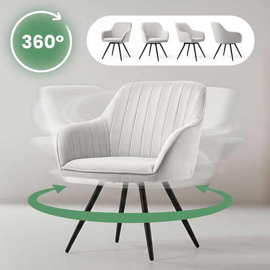 6x Velvet Swivel Chair with Stitching Gray TURNO Black Legs