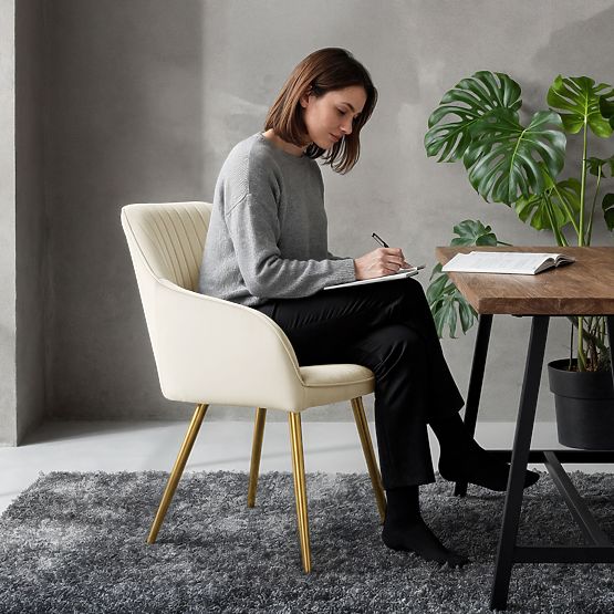 6x Velvet Upholstered Chair with Stitching Cream FLORENCE Gold Legs