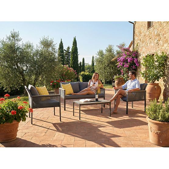 Aluminum Garden Furniture Set (2 x Armchair, Sofa + Table) CORTO Round Gray Technorattan