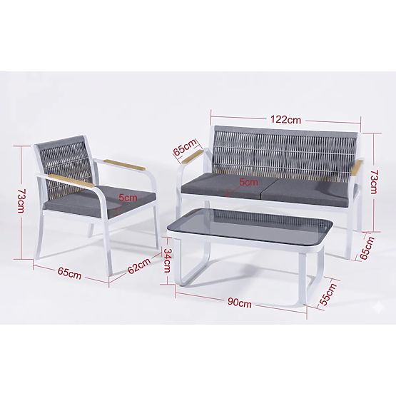 Aluminum Garden Furniture Set (2 x Armchair, Sofa + Table) RARO White, Gray
