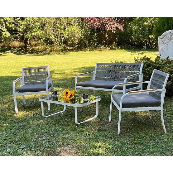 Aluminum Garden Furniture Set (2 x Armchair, Sofa + Table) RARO White, Gray