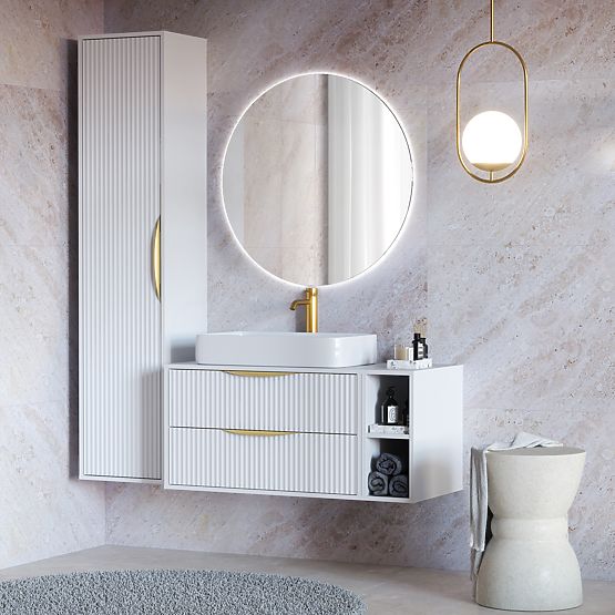 Avila 2.0 Cabinet for Countertop Sink, 80 cm, Grooved, Gold Handles, White