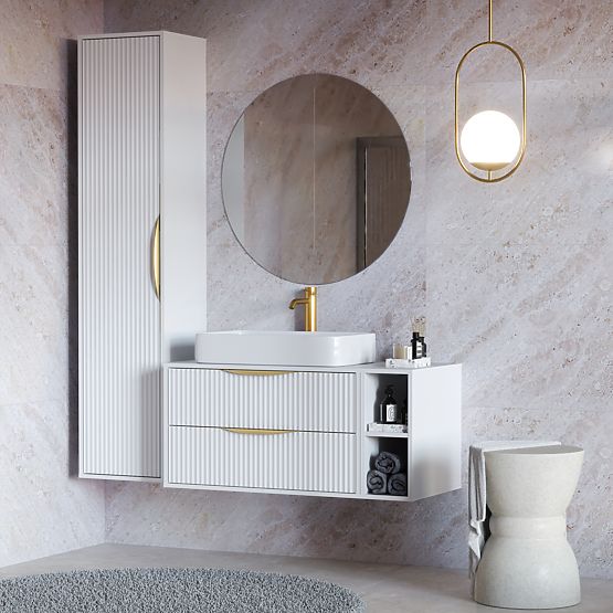 Avila 2.0 Cabinet for Countertop Sink, 80 cm, Grooved, Gold Handles, White