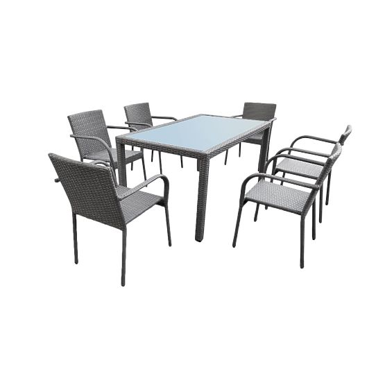 AVVICENTE Grey Technorattan Dining Furniture Set (Table 150x90cm + 6 Chairs)