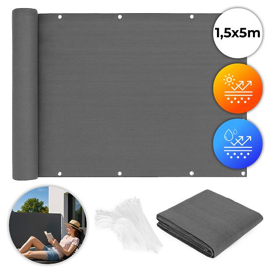 Balcony Screen with Fittings 150x500 cm Shading Net + Installation Elements Grey MultiGarden