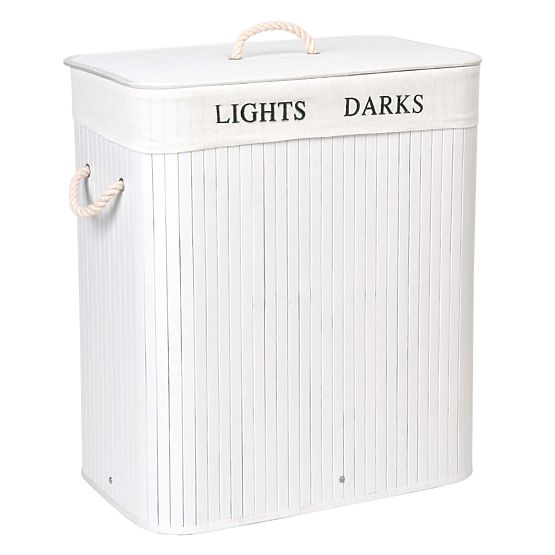 Bamboo Laundry Basket with Lid 100L 2 Compartments White
