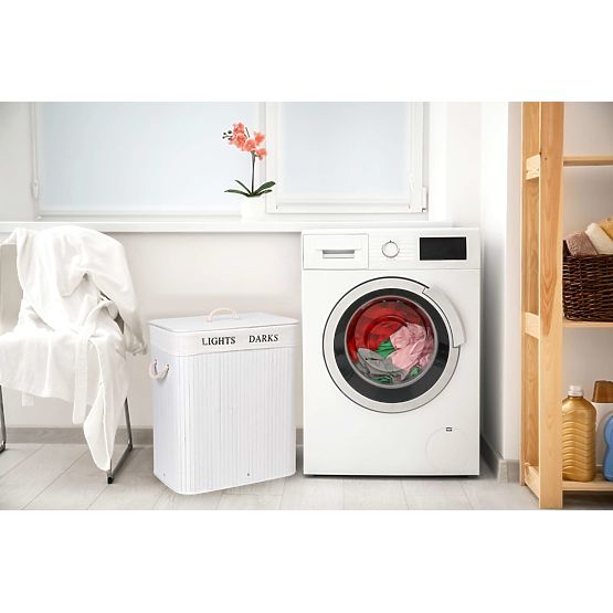 Bamboo Laundry Basket with Lid 100L 2 Compartments White