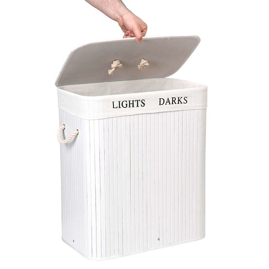 Bamboo Laundry Basket with Lid 100L 2 Compartments White
