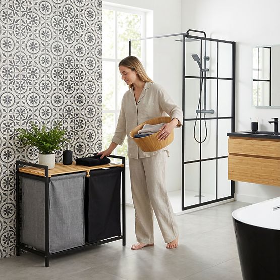 bamboo laundry or toy basket HANOI BLACK 2 compartments DUO COLOR