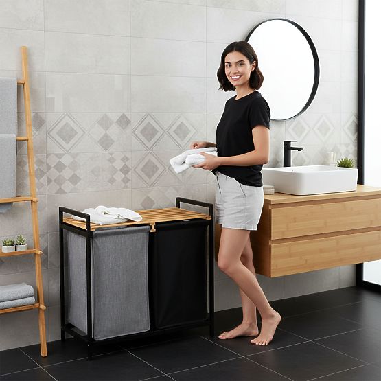 bamboo laundry or toy basket HANOI BLACK 2 compartments DUO COLOR