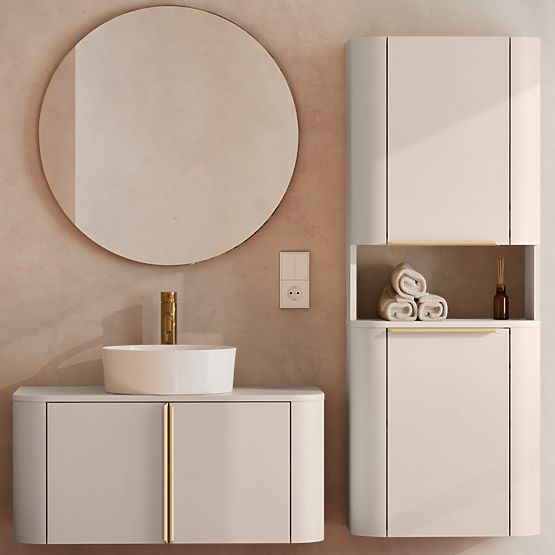 Bassa 80 cm Vanity Cabinet for Countertop, Cashmere, Gold Handles, Rounded