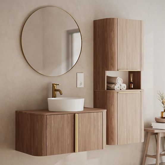 Bathroom Cabinet, Bassa Column Walnut Lincoln, Gold Handles, Rounded