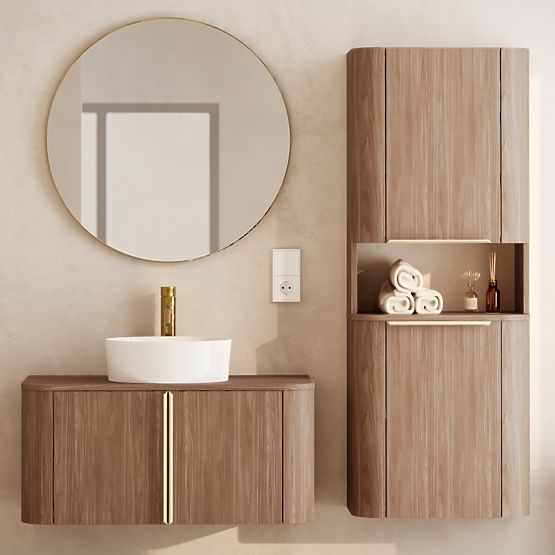 Bathroom Cabinet, Bassa Column Walnut Lincoln, Gold Handles, Rounded