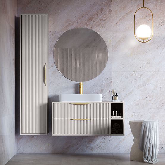 Avila Bathroom Cabinet Column, Ribbed, Gold Handle, Cashmere