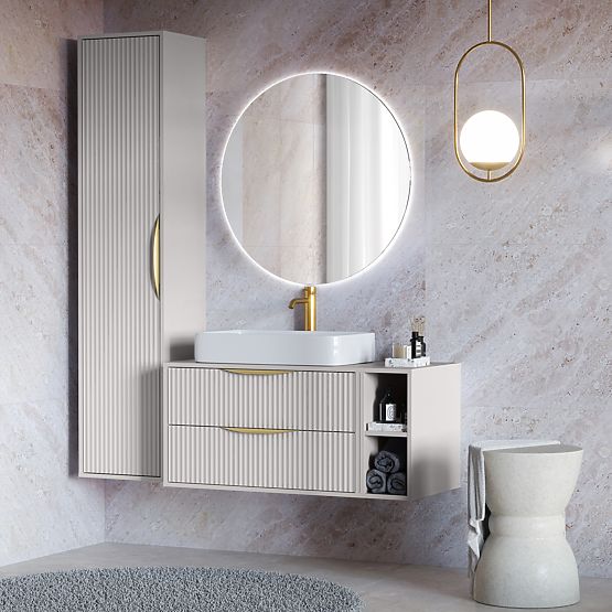 Avila Bathroom Cabinet Column, Ribbed, Gold Handle, Cashmere