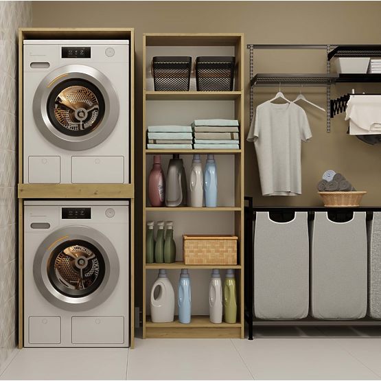 Bathroom Cabinet for Washing Machine and Dryer POLA TWIN Shelf Column OAK ARTISAN