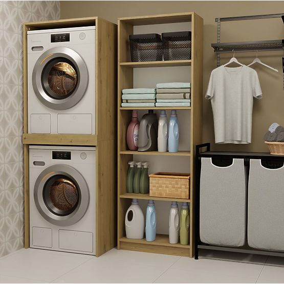 Bathroom Cabinet for Washing Machine and Dryer POLA TWIN Shelf Column OAK ARTISAN