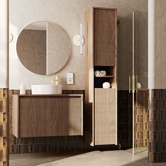 Bathroom Cabinet, Tall Column Pezzo Walnut, Grooved