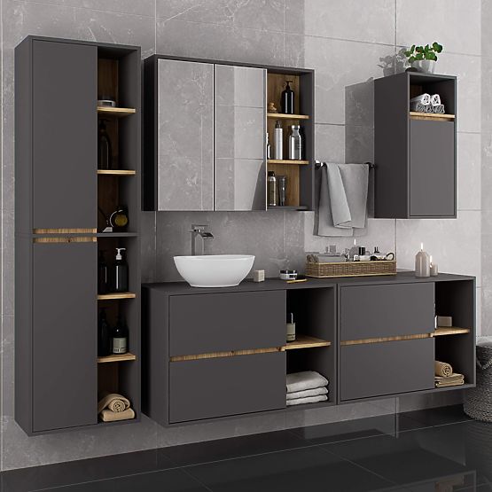 BATHROOM CABINET UNDER SINK VAMI W 90 cm 2 DRAWERS GRAPHITE GREY / ARTISAN OAK