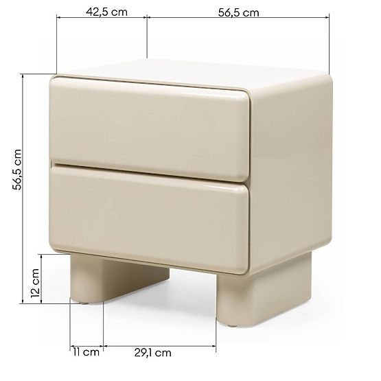 Bedside Table with Drawers Lagos, Cream White, Rounded, Glossy