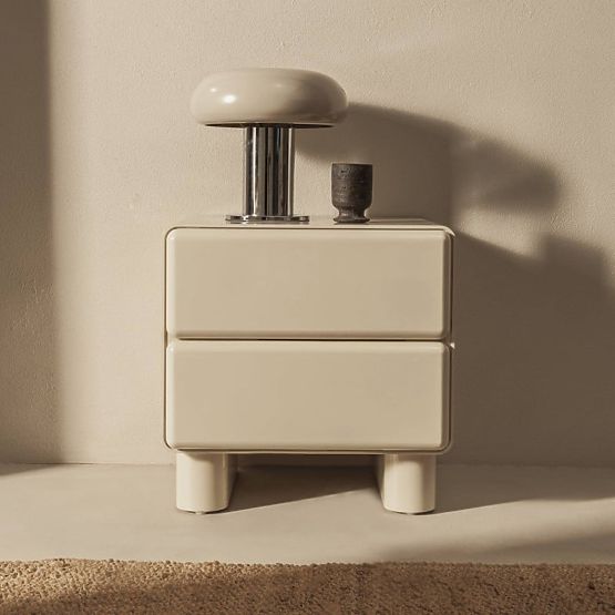 Bedside Table with Drawers Lagos, Cream White, Rounded, Glossy