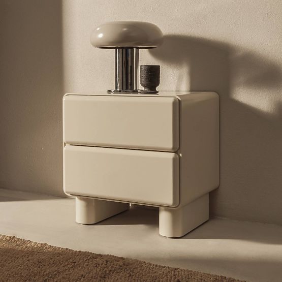 Bedside Table with Drawers Lagos, Cream White, Rounded, Glossy