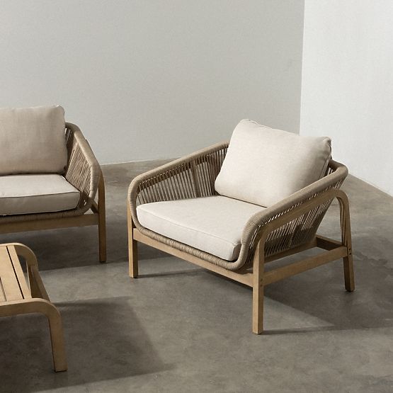 Belpasso Garden Furniture Set, Wicker, FSC Eucalyptus Wood, Teak Look, Light Beige