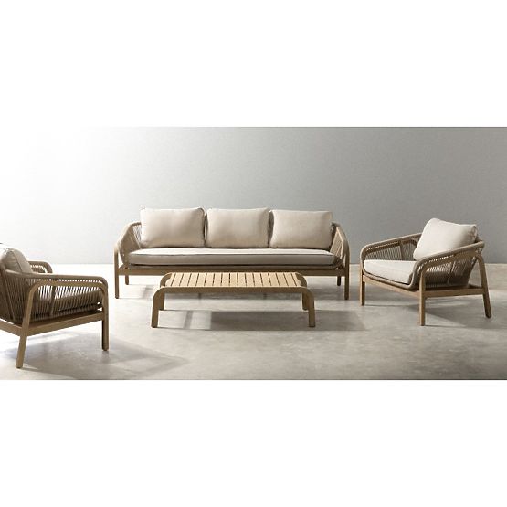 Belpasso Garden Furniture Set, Wicker, FSC Eucalyptus Wood, Teak Look, Light Beige