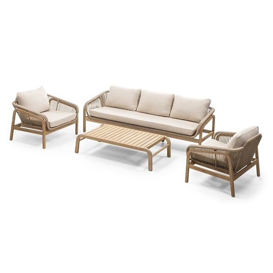 Belpasso Garden Furniture Set, Wicker, FSC Eucalyptus Wood, Teak Look, Light Beige