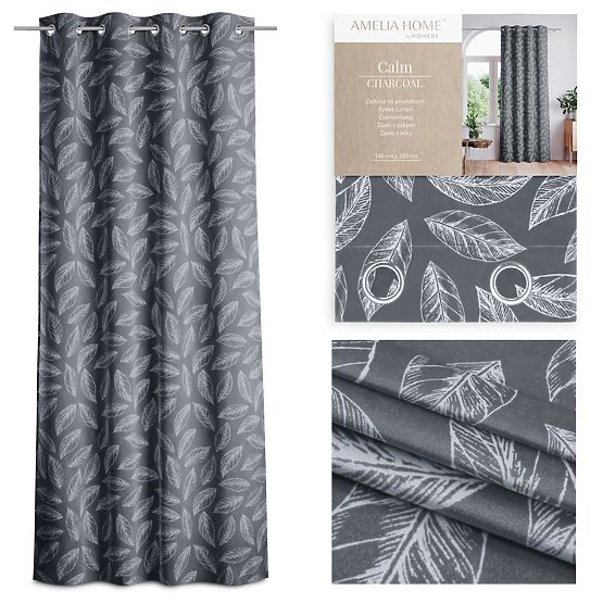 CALM Curtain in Graphite Color with Printed Botanical Motif Classic Style Silver Metal Eyelets