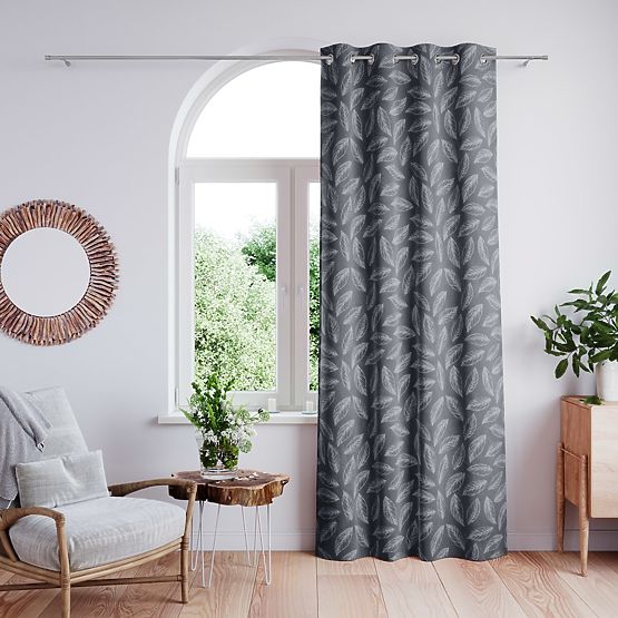 CALM Curtain in Graphite Color with Printed Botanical Motif Classic Style Silver Metal Eyelets