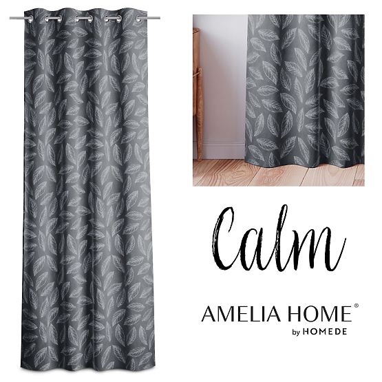 CALM Curtain in Graphite Color with Printed Botanical Motif Classic Style Silver Metal Eyelets