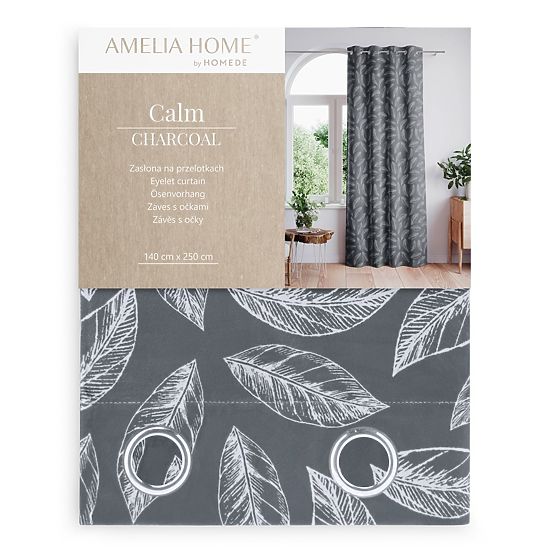 CALM Curtain in Graphite Color with Printed Botanical Motif Classic Style Silver Metal Eyelets