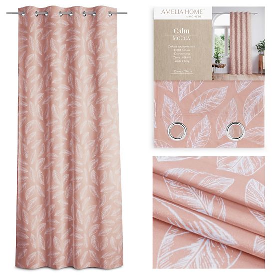 CALM Curtain Powder Pink Color with Printed Plant Motif Classic Style Silver Metal Eyelets