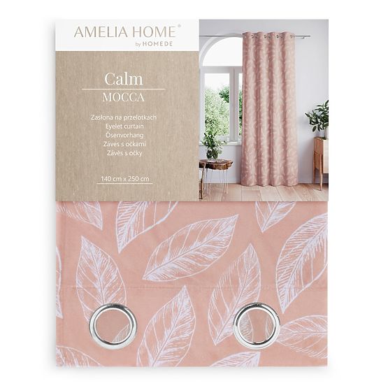 CALM Curtain Powder Pink Color with Printed Plant Motif Classic Style Silver Metal Eyelets