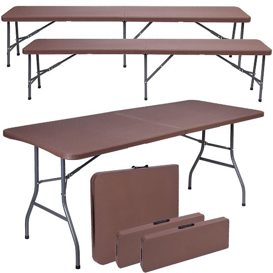 Catering Set Rattan Brown Table 180 cm + 2 Benches