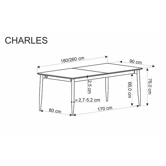 CHARLES Extendable Table, Top - Gray Marble, Legs - Black