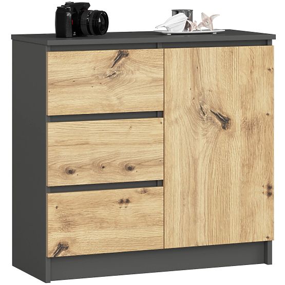 CHEST OF DRAWERS K80 JERRY 1D 3SZ PK GRAPHITE GRAY / ARTISAN OAK
