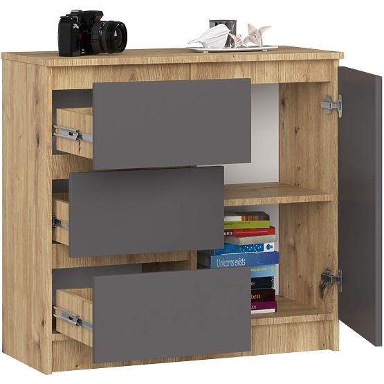 CHEST OF DRAWERS K80 JERRY 1D 3SZ PK OAK ARTISAN / GRAPHITE GRAY