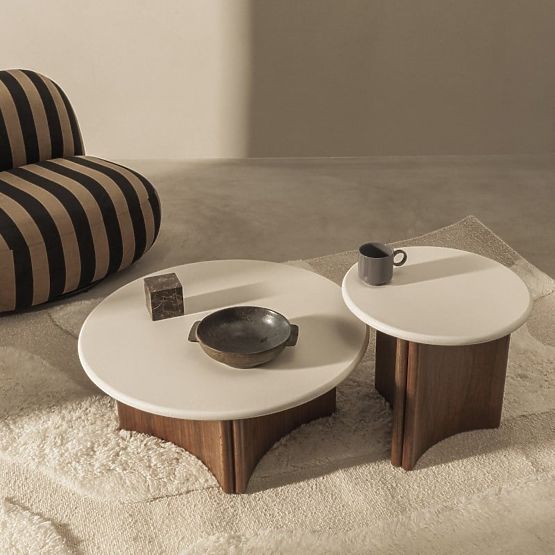 Coffee Table Marlo 80 cm, Cream White/Walnut, Microcement