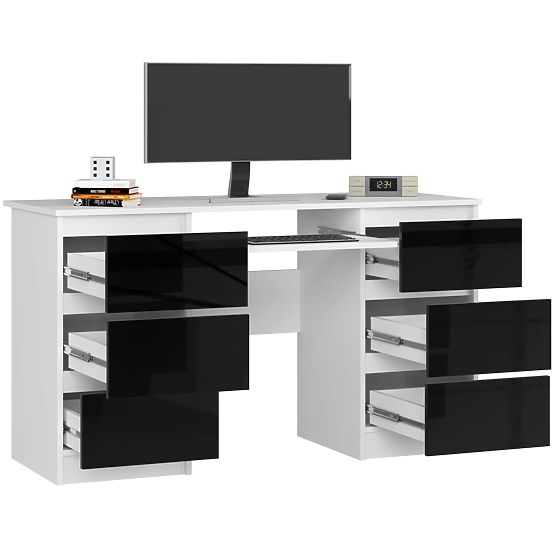 COMPUTER DESK A-11 135 cm 6 DRAWERS WHITE / BLACK GLOSS
