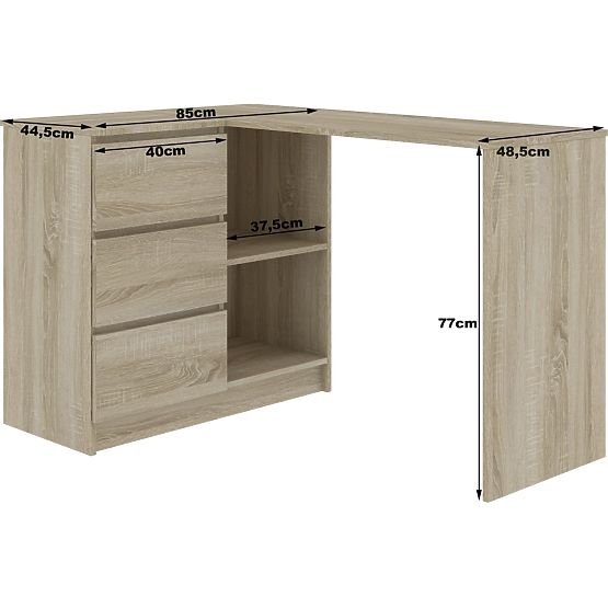 CORNER DESK B16 124 cm LEFT 3 DRAWERS OAK SONOMA / WHITE